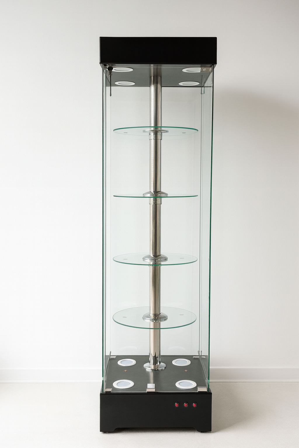 "Glass Display Cabinet with LED Lighting and Rotating Shelves"
